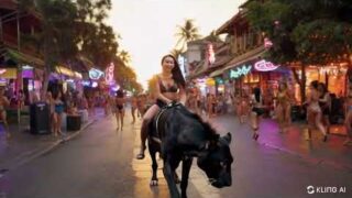The Beautiful Asian lady riding a real black Panther on Soi 6 Pattaya in Thailand